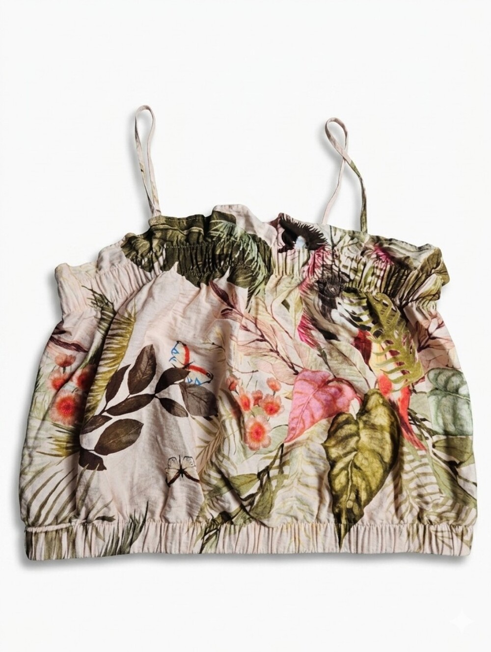 H&M Frill-Trimmed Strappy Top Tropical Floral Light Pink Medium NWT